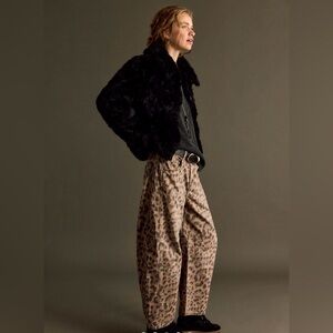 New Free People We The Free Good Luck Printed Mid Rise Barrel -Leopard Jeans 27L